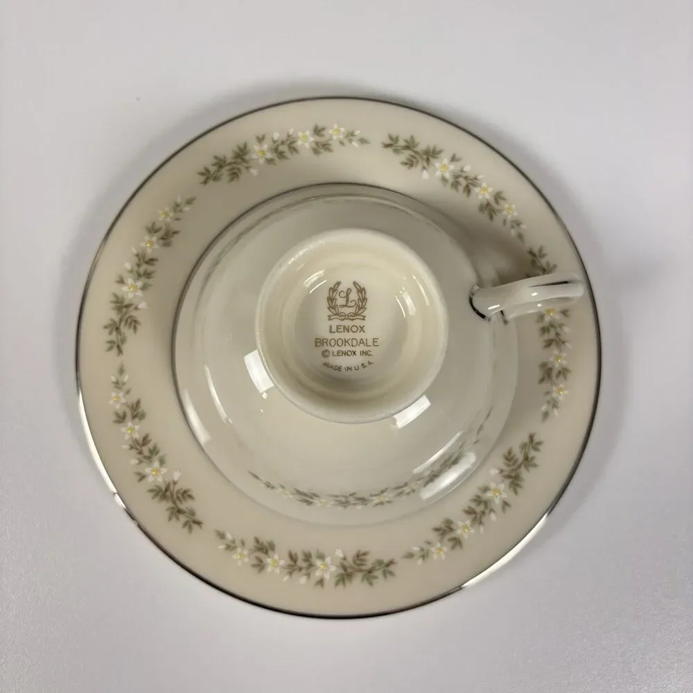 Vintage Lenox Brookdale H500 China Tea Cup Saucer Plate Floral Platinum Set of 4